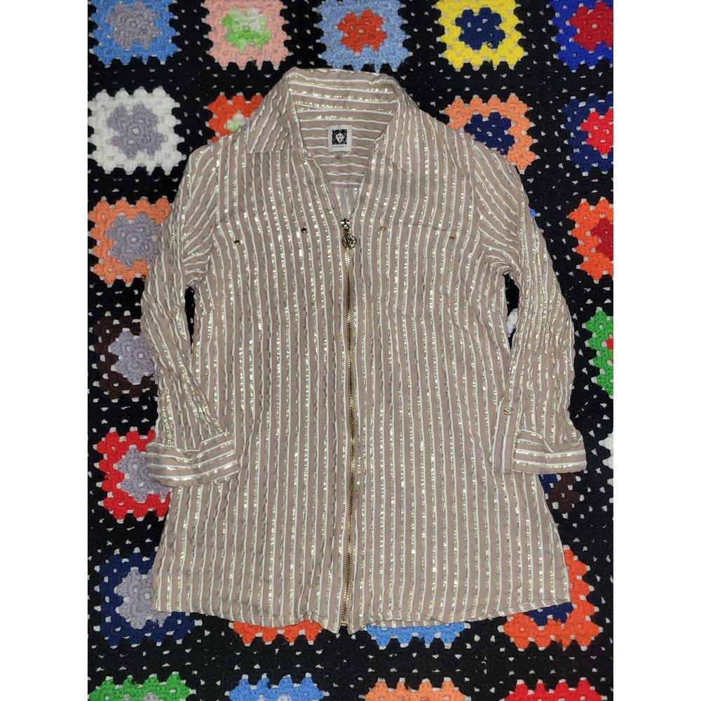 Anne Klein Blouse Shirt Gold Stripe Full Zip Women's Extra Small